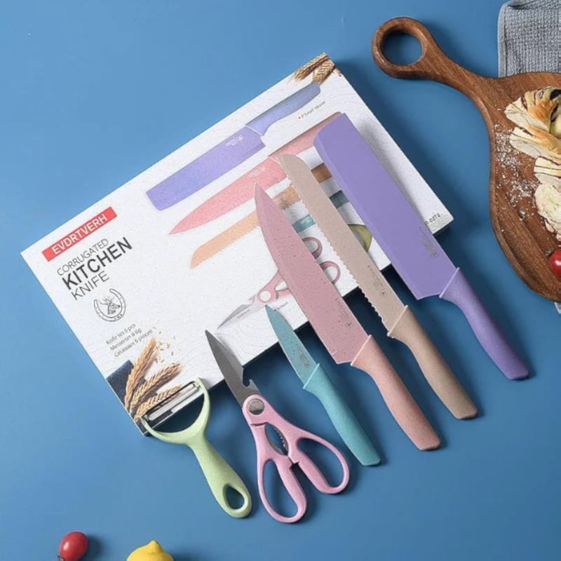 سكاكين مطبخ - مجموعة سكاكين متينة من الفولاذ المقاوم للصدأ مكونة من 6 قطع بالإضافة إلى ساطور ومقشرة مع علبة تخزين سيراميك، مما يساعدك على تحضير الخضراوات بشكل أسرع وأسهل كل يوم